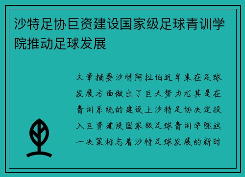 沙特足协巨资建设国家级足球青训学院推动足球发展 沙特足协巨资建设国家级足球青训学院推动足球发展