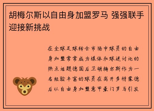 胡梅尔斯以自由身加盟罗马 强强联手迎接新挑战 胡梅尔斯以自由身加盟罗马 强强联手迎接新挑战